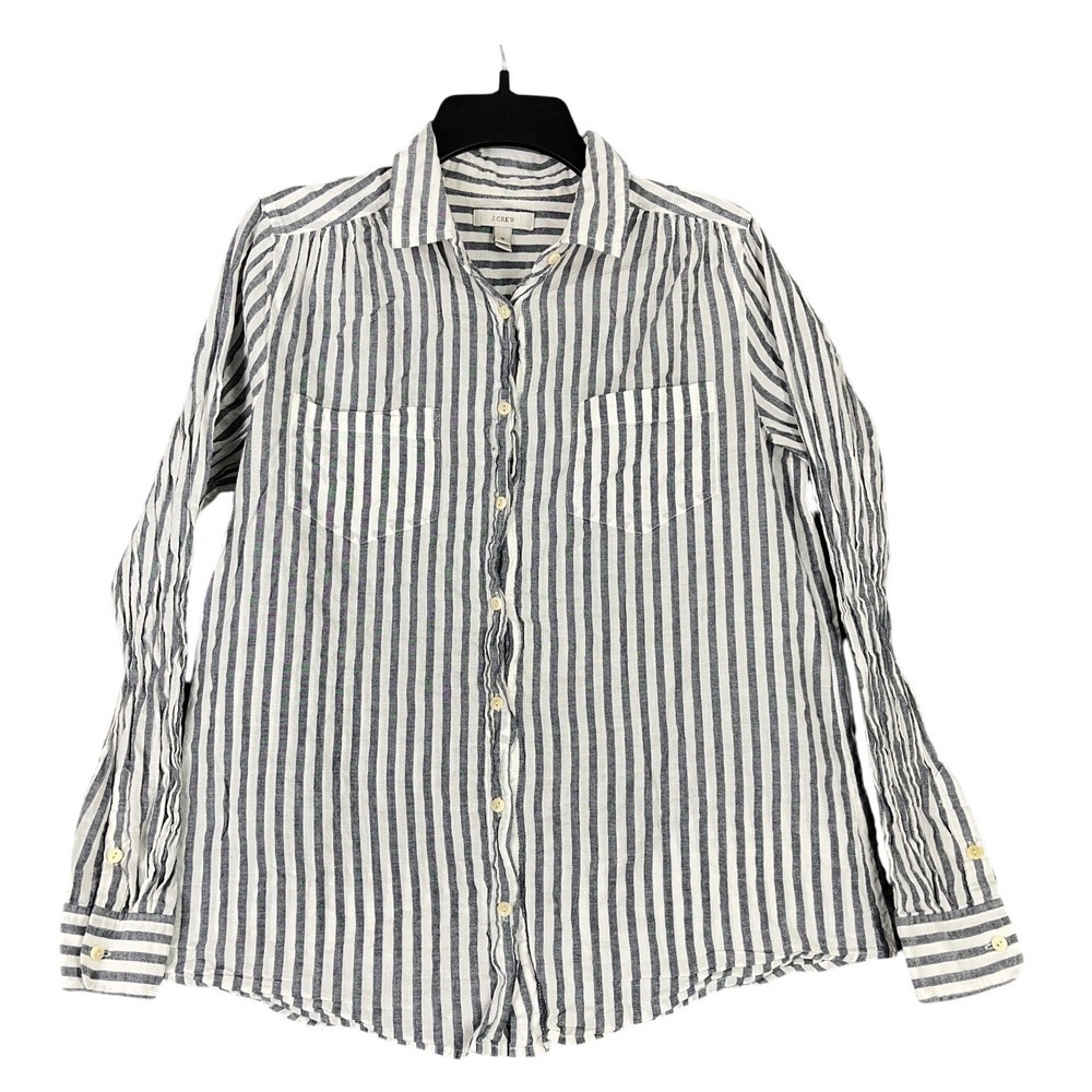 J Crew Shirt‎ Womens 10 Navy Blue Striped Button Up Long Sleeve Preppy Classic